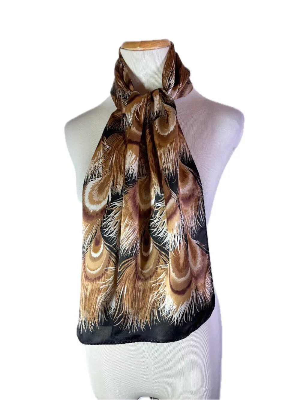 Brooks Brothers Silk Scarf Feathers Print Black Brown White 11x52